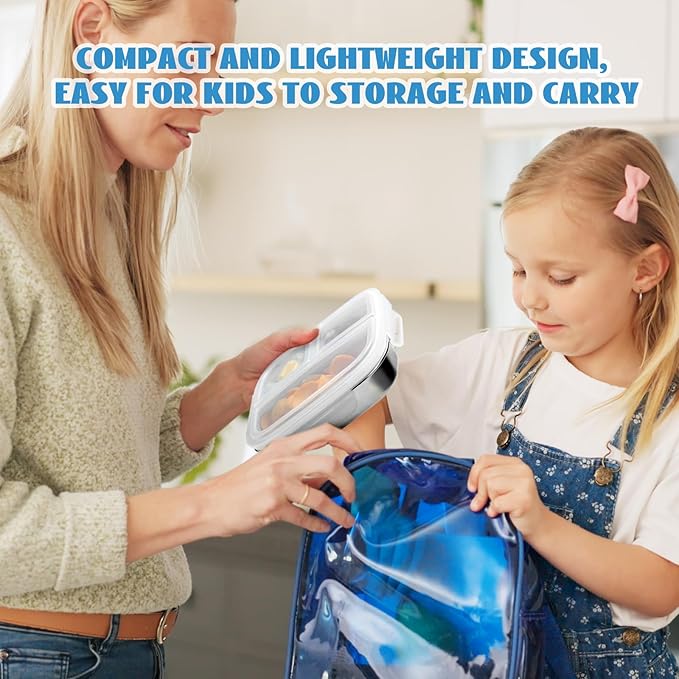 Stainless Steel Snack Containers for Kids, 3 Compartments Reusable on the go Bento Box with Lids, Toddler Lunch Box Containers Pre Meal Storage for Daycare School Outdoor Camping Travel - White