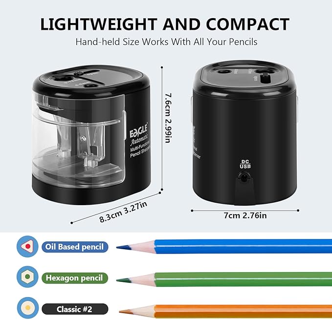 Eagle Electric Pencil Sharpener, Battery or USB Operated, Dual Holes, Dual Blades, fit for Pencils of Size 6-8mm and 9-12mm (Black)