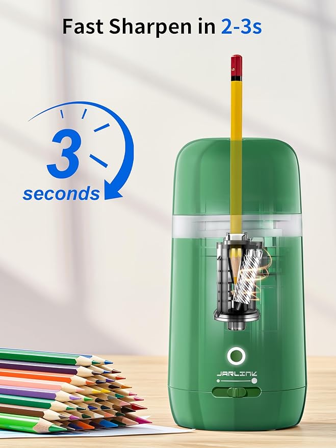 JARLINK Automatic Electric Pencil Sharpener - Hands-Free Operation, 3 Sharpness Modes, 3-Second Sharpening, Rechargeable & Portable for 7-12mm Pencils, Ideal for Classroom and Home Use (Green)