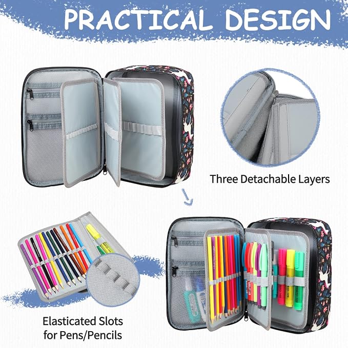 VASCHY Large Pencil Case, Art Color Pencils Pouch with Detachable Layers Multiple Zip Pockets for School Office Stationary Organization Black Unicorn