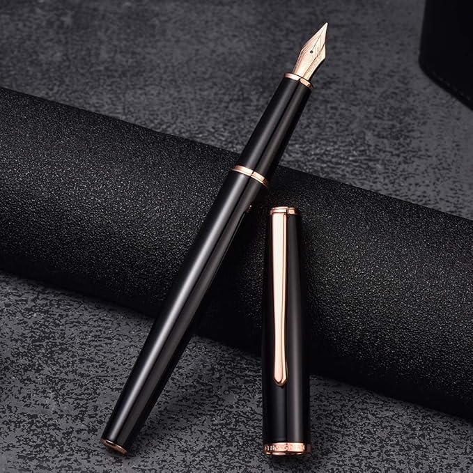 HongDian 920 Black Metal Fountain Pen, Rose Gold Plated Extra Fine Nib Smooth Writing Pen, Classic Pen with Ink Converter