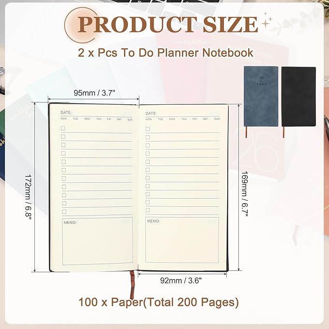 PATIKIL 2Pcs Planner Notebook, A6 100 Sheets Undated to Do List Daily Weekly Monthly Goals Tracker Pocket Notebook for Office Study Time Management Fitness Weeding, Black/Dark Blue