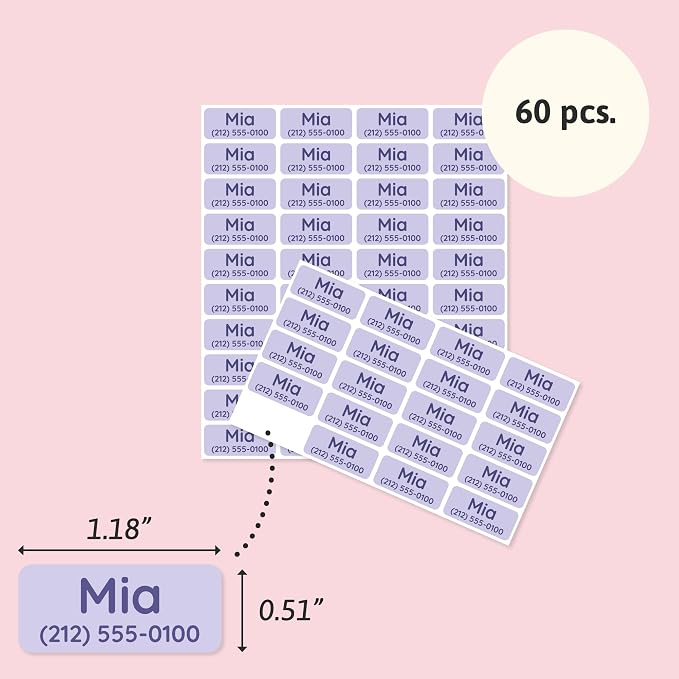 TeddyLabels - Clothing Labels for Nursing Home (60) – Self-Adhesive Name Tags for Clothes and Personal Items. Personalized Labels for Daycare, Nursing Homes, and Laundry Use - Light Purple