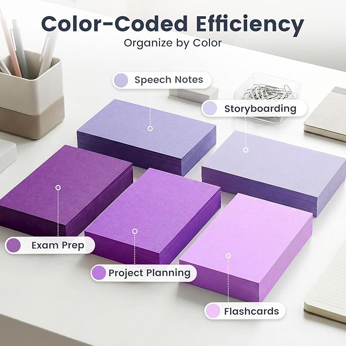 300 Count Index Cards 3 x 5 Inch, Purple Flash Cards for Studying, Cute Notecards for Home, Office, Recipe, School, College Supplies, To Do List, 5 Purple Colors