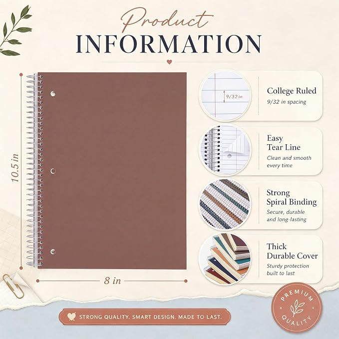 Qilery 6 Pack 5 Subject Notebook College Ruled with Hardcover 200 Sheets Thick Pages 8 x 10.5 Inch Spiral Journal Thick Notebook 3 Hole Assorted Colors Easy Tear Line Office (Business Color)