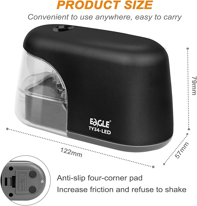 Eagle Electric Pencil Sharpener, Battery Powered Sharpener, LED Light Shinning During Sharpening, Portable, with Reusable and Replaceable Blade, Suitable for Kids, Ideal School Office Supplies (Black)