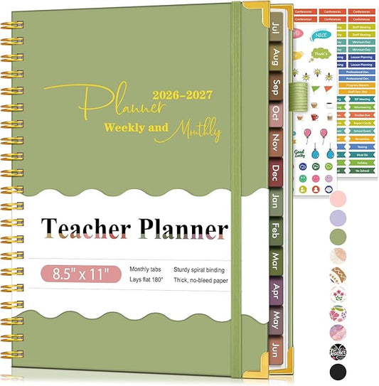 Teacher Planner 2026-2027, July 2026 - June 2027, Academic Weekly & Monthly Calendar Planner with Tabs, 8.5" x 11" A4 Teacher Lesson Plan Book with 7 Periods, Daily Agenda School Organizer for Teacher Student Homeschool, Green