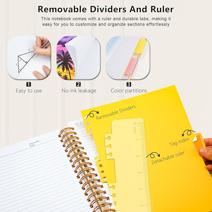 Hardcover Spiral Notebook College Ruled, 8.5"x11" Leather Journal Notebook with Magnetic Closure, 300 Pages 5 Subject Notebook with Dividers Tabs Journal for Women Men, Work, School(Golden)