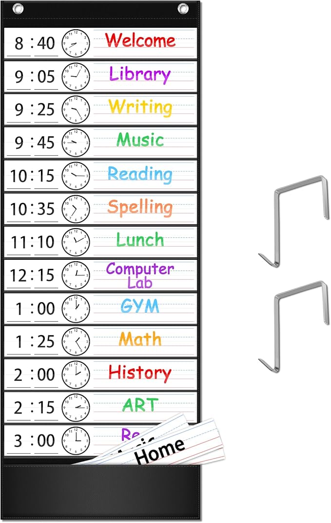 EAMAY Daily Schedule Pocket Charts, Teacher Schedule Chart with Resuable 18 Custom Cards, Classroom Pocket Chart for School Office or Homeschool Activities, Black
