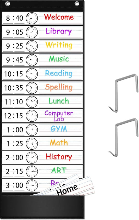 EAMAY Daily Schedule Pocket Charts, Teacher Schedule Chart with Resuable 18 Custom Cards, Classroom Pocket Chart for School Office or Homeschool Activities, Black