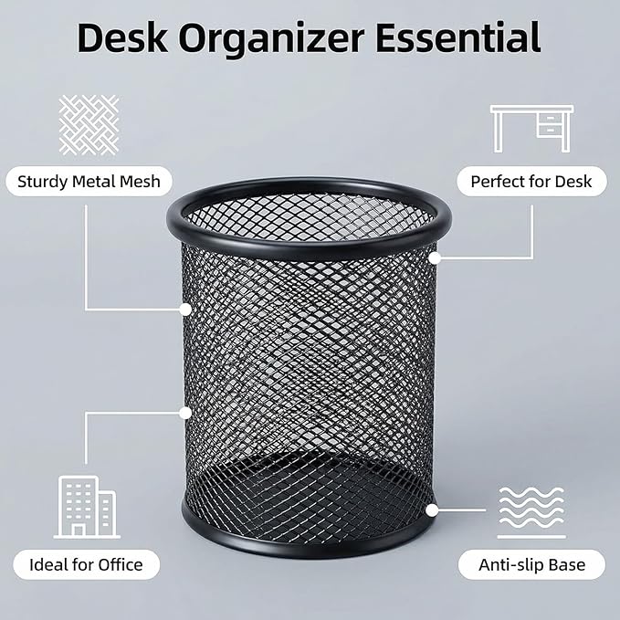 Pen Holder Pencil Holder Mesh Metal Pen Cup Holder Pencil Cup Holder for Desk Office Home Pen Organizer Black, 6 Pack