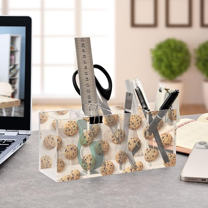 Aslsiy Tasty Cookies Pen Holder for Women 4 Compartments Acrylic Pencil Holder Clear Makeup Brush Holder Desk Organizer Office Supplies