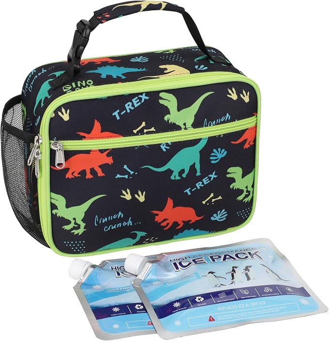 Bagseri Kids Lunch Bag with Ice Pack Included - Insulated Lunch Box for Boys Reusable Meal Tote for School & Travel, Black Dinosaur