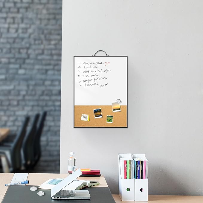 Small White Board Cork Board Combo, 16"x12" Black Aluminum Frame with Handle for Wall Hanging, Dry Erase Magnetic Whiteboard with Cork for Office Home School, Includes Markers Pins Magnets