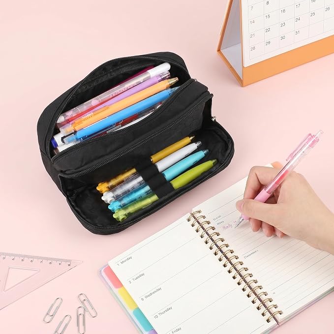 Della Gao Large Pencil Case, Big Capacity Pencil Pouch with 2 Compartments | Office Pencil Bag with Zipper, Big Pen Case for Adults (01-Black)