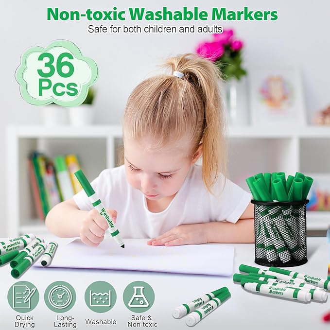 36 Pcs Green Washable Markers Bulk Coloring Broad Line Marker for Kid Green Conical Tip Drawing Pen for Christmas,School Supplies, Travel Art Baby Shower Gender Reveal Party Supplies, Ages 6+