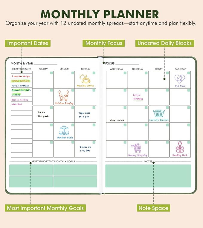 Undated Weekly and Monthly Planner, Hardcover Leather Calendar Blank Planner, Simplified To Do List Notebook with Goal & Habit Tracker Organizer, A5 Daily Weekly Planner for Work School Home, Green