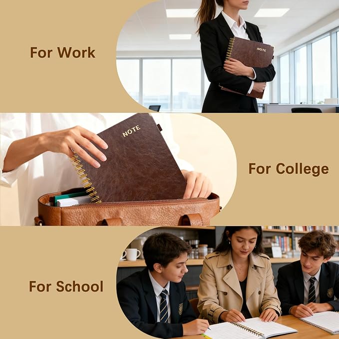 Hardcover Spiral Notebooks for Work 8.5''x 11'', 300 Pages 5 Subject Notebook with Dividers & Tabs, A4 Spiral Journal for Women, College Ruled Notebooks for School Note-Taking (Dark Brown)
