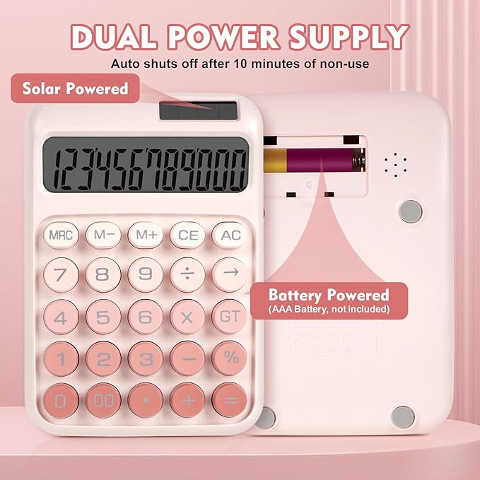 Mechanical Switch Calculator with Big Buttons, Calculators Desktop, 12 Digits, Solar Battery Power, Desk Calculator, Large LCD Display, Cute Pink Calculators for Teachers Students Basic Office