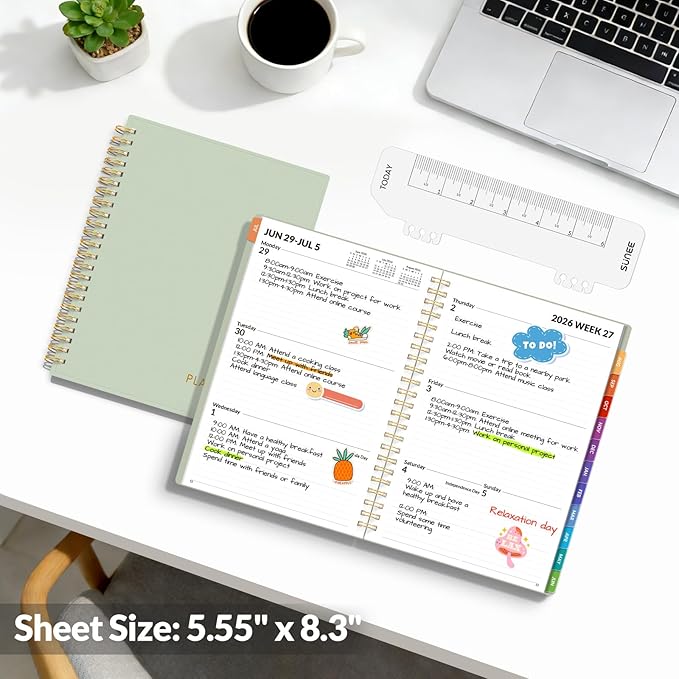 SUNEE Academic Planner 2026-2027 – Weekly & Monthly Planner, July 2026 to June 2027, 6.4"x8.3", Thick Paper, Tabs, Pockets, Bookmark, Spiral-Bound, Student Teacher Organizer, Sage Green