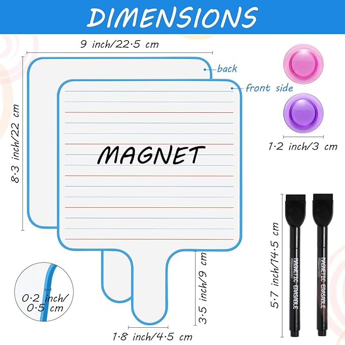 2 Pack Magnetic Handheld Dry Erase Board with Lines 9''×12'' Small White Board Classroom Pack for Students Office Double-Sided Dry Erase Paddles Include 2 Magnets & 2 Markers