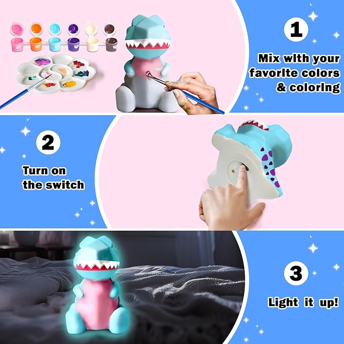 FUNZBO 4.3in Paint Your Own Dinosaur Lamp Kit - Arts and Crafts Supplies Painting for Kids Teens, DIY Night Light Dinosaur Toy for Boy Girl 3 4 5 6 7 8 9 10 11 12 Birthday Gift