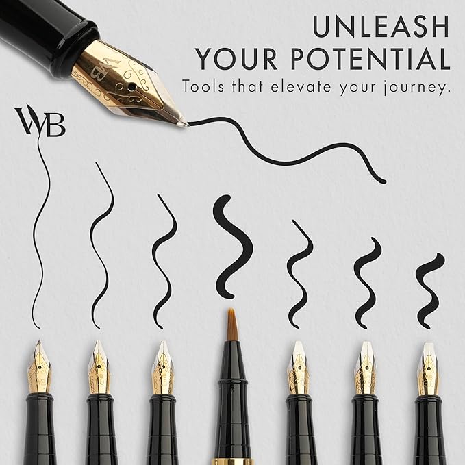 Wordsworth & Black Calligraphy Pen Gift Set, Includes Ink Bottle, 6 Ink Cartridges, A Refill Converter, 6 Replacement Nibs, Journaling, Smooth Writing Pens [Black Rose Gold]