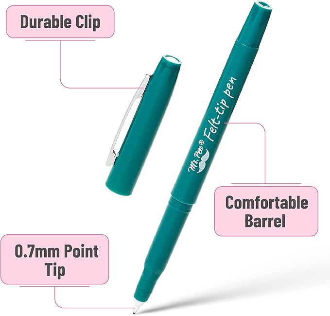 Mr. Pen- Felt Tip Pens, 20 Pack, 0.7 mm, Colorful Felt Tip Pens, Fast Dry, No Smear, Planner Markers for Underlining, Writing, Drawing, Journaling Supplies
