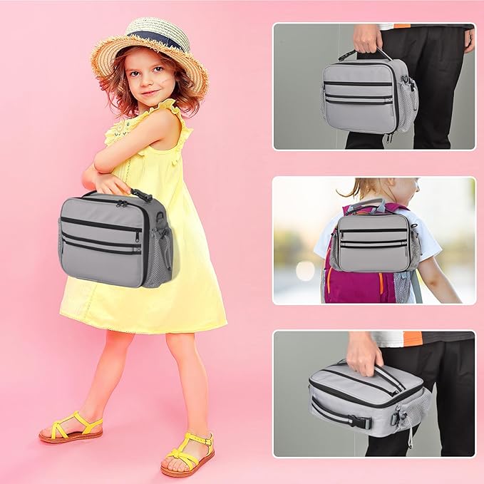 Cerbonny Kids Lunch Box, Gray, Unisex, Polyester, With Insulated Interior, Four Carrying Options, and Big Capacity