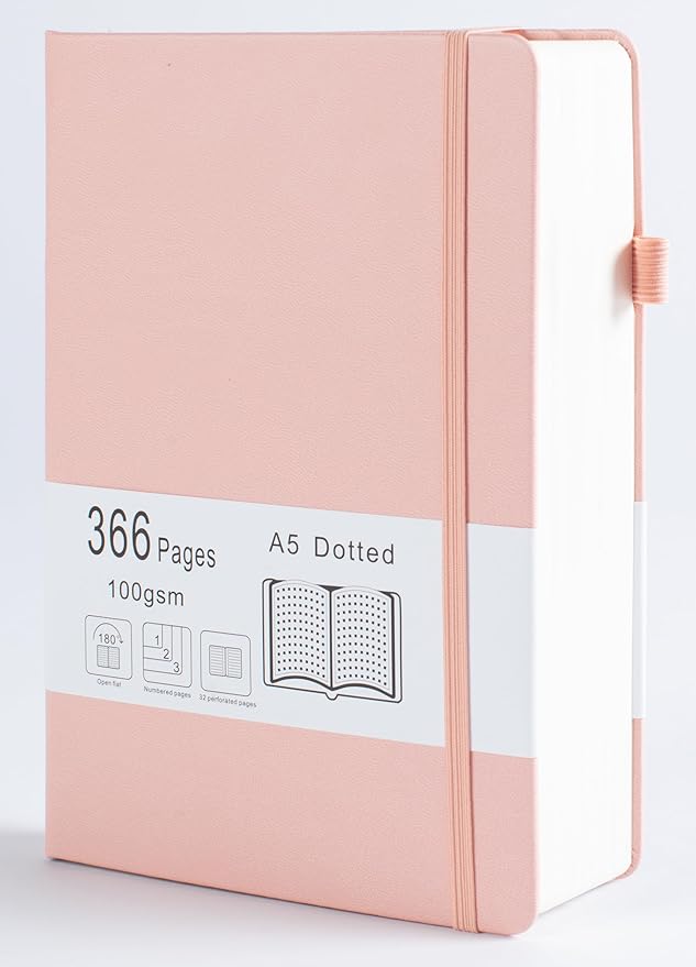 Thick Bullet Notebook with 366 Numbered Pages, A5 Dotted Journal for Writing with 100GSM Dot Grid Paper, Hardcover Leather Notebooks for Women Men School Note Taking Office Work Diary, 5.7"x8.3" Blush