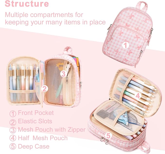 LEDAOU Pencil Case Cute Zipper Pencil Pouch Large Capacity Pencil Bag Organizer School Supplies for Girls Boys Kids (Pink Checkered Bow)