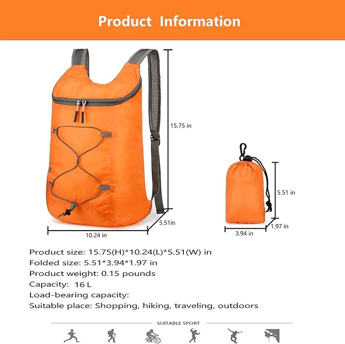 levayhill 16L Lightweight Foldable Hiking-Backpack Small Packable-Daypack For Travel,Ultralight Water-Resistant Gym Bag Men Women Easy Carry-on (Orange)
