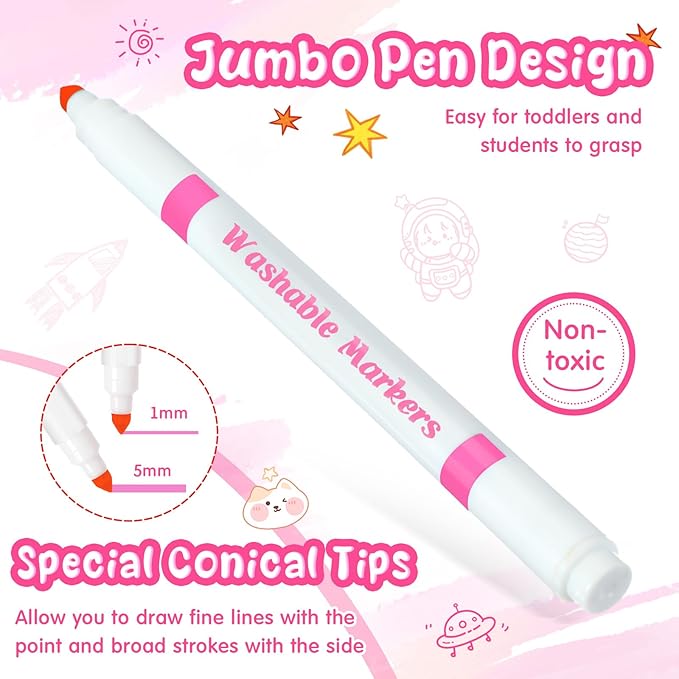 Fullhawl 18 Pcs Line Washable Markers Bulk Pink Fine Tip Markers Set Coloring Thin Tip Drawing Washable Pen for Kids Art School Classroom Back to School Gender Reveal Party Supplies, Ages 6+