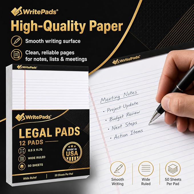 Legal Pads 8.5 x 11.75 Inch Wide Ruled Writing Pads, 12 Pack Note Pads - White Perforated Paper with Hard Back, 50 Sheets Per Pad, No Bleed Paper Notepad for Office, School, Business MADE IN USA