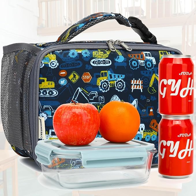 GYEUKHAM Insulated Lunch Box for School, Thermal Reusable Durable Freezable Lunch Bags for Kids Boys Girls Men Women - Small Soft Cooler Portable Lunch Tote Kit for Work Picnic Travel,Excavator