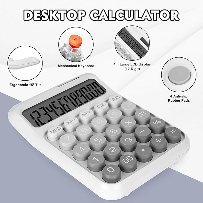 Mechanical Switch Calculator with Big Buttons, Calculators Desktop, 12 Digits, Solar Battery Power, Desk Calculator, Large LCD Display,Cute White Calculators for Teachers Students Basic Office