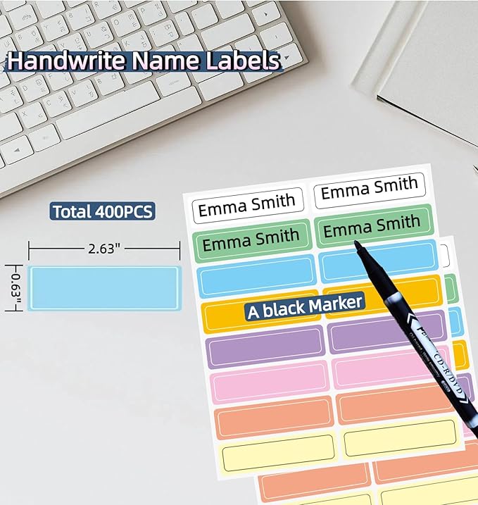 Assorted Colors Waterproof Removable Labels - 400PCS with Pen Adhesive Name Label Stickers for Water Bottles,Baby Daycare,Kids School Supplies,Home Office Organization