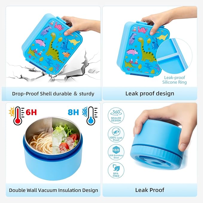 Kids Lunch Box with 12oz Insulated Food Jar, Leak-Proof Bento Box for Kids | 4 Compartments for Hot & Cold Food, Easy-Open School Lunch Container for Boys & Girls
