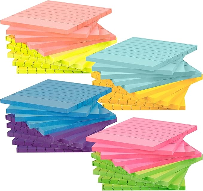 40 Pack Lined Sticky Notes 3x3 Inch, Ruled Stickies Super Sticking Power Memo Pads, 8 Bright Colorful Post It Notes for Office, Home, School, Meeting