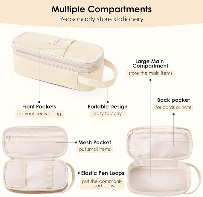 SKYDUE Beige Pencil Case for Girls & Boys - Aesthetic Pencil Bag with Multi-Compartment, Large Capacity Zippered Pencil Pouch for School Supply