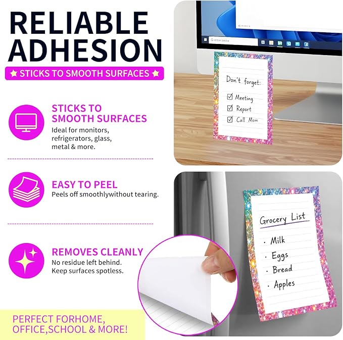Lined Sticky Notes 4x6 in, 2 Pack Large Cute Notepads with Lines Self-Stick Note Pad, Funny Memo Pads Strong Adhesive for Office, Home Glitter Colorful Dots