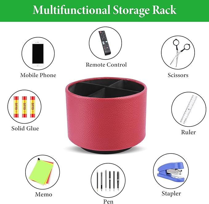 Round Leather Art Supply Organizer,Remote Control Holder,360 Degree Spinning,Multi-Functional Pencil Holder,4 Compartments Desktop Stationary Organizer(1-Lichee Red)