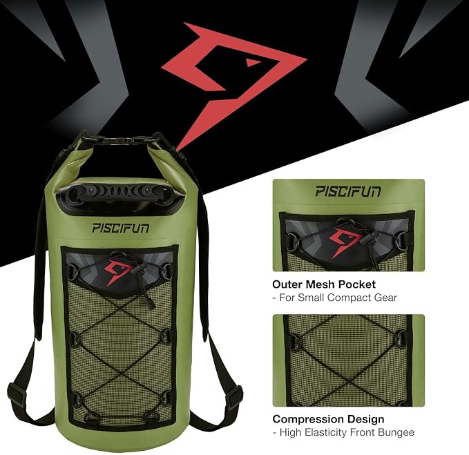 Piscifun Dry Bag, Waterproof Floating Backpack 10L/20L/30L/40L | Waterproof Phone Case, Adjustable shoulder straps, Roll-top closure keeps gear dry, Ideal for Boating, Kayaking, Fishing