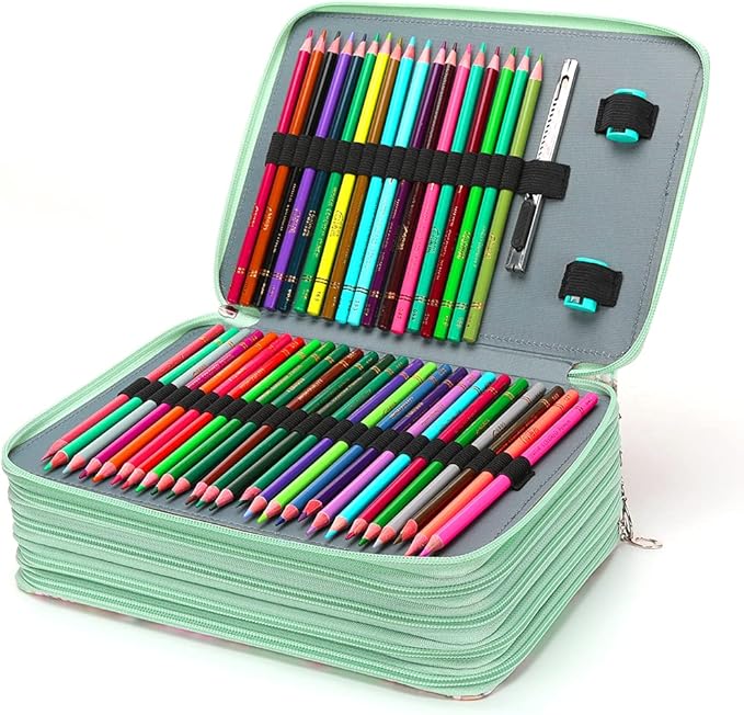 Vomgomfom 252 Slots Pencil Bag, 5-Layer Zipper Art Supply Organizer, PU Leather Portable Colored Pencil Case with Handle for 252 Watercolor Pens, Gel Pens (Green Rose)