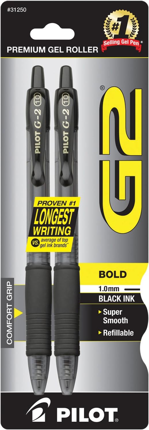 Pilot G2 Premium Refillable & Retractable Rolling Ball Gel Pens, Bold Point, Bold Gel Pens, 1.0 mm, Black Ink, 2-Pack
