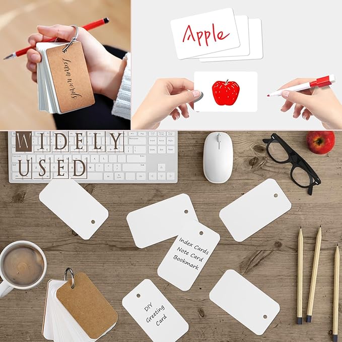 8 Pack Blank Flash Cards,Index Cards with Binder Rings for Studying,Note Card with Study Cards,250gsm Index Notecards,White Study Cards Note Cards Kraft Paper Cards(3x5in,50 Sheets per Set)