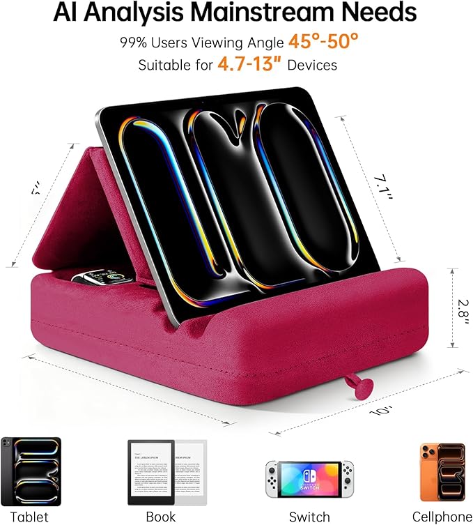 Tablet Pillow Stand with Storage, Foldable iPad Holder for Lep, Bed, Sofa, and Desk - Soft Pad Dock with Pocket and Stylus Mount Compatible with 4-13" iPad Pro/Air/Mini, Galaxy Tab, Kindle (Red)