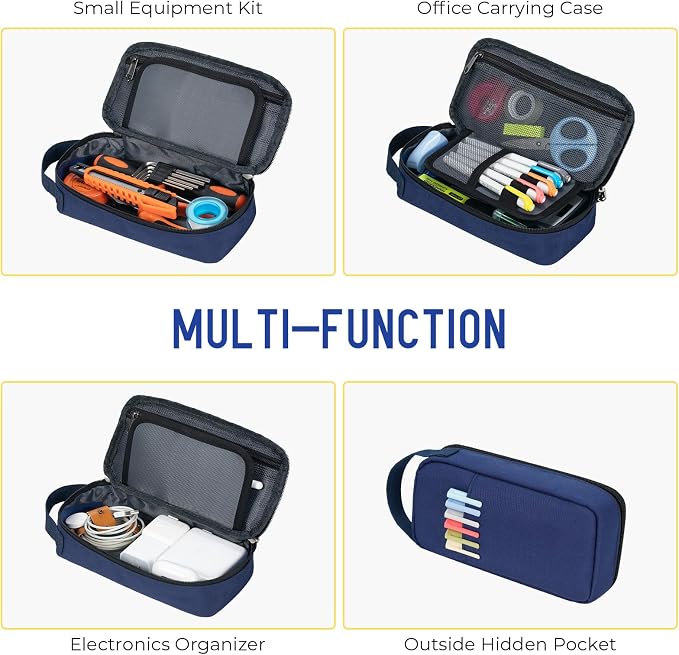 ECHSRT Large Capacity Pencil Case with Hidden Pocket, 1200D Oxford Fabric Zipper Pencil Pouch with Handle, Multi-Pocket Stationery Organizer for Office, College, Travel and Daily Carry, Blue