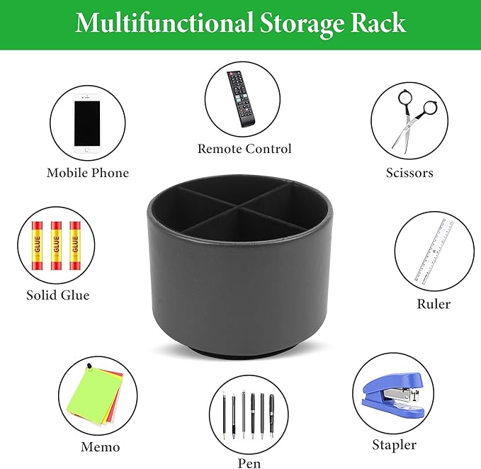Round Leather Art Supply Organizer,Remote Control Holder,360 Degree Spinning,Multi-Functional Pencil Holder,4 Compartments Desktop Stationary Organizer(1-Sheep Black)