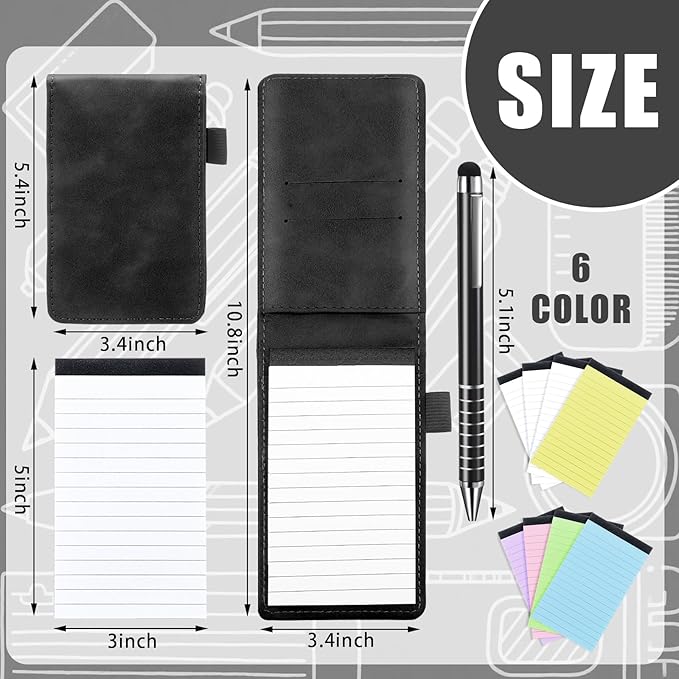Outus 10 Pcs Mini Pocket Notepad Holder Set Included Mini Pocket Notepad Holder with 50 Lined Sheets, Metal Pen, 8 Pcs 3 x 5 Inch Memo Book Refills, 30 Lined Paper Per Note Pad (Black,Multicolor)
